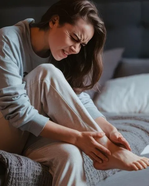 Woman suffering intense foot pain, seeking relief from AppaNail.