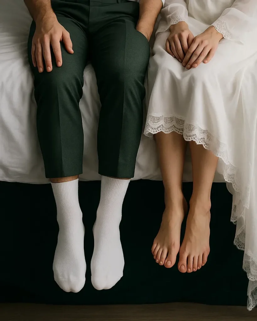 Couple experiencing discomfort from foot issues, before discovering AppaNail.