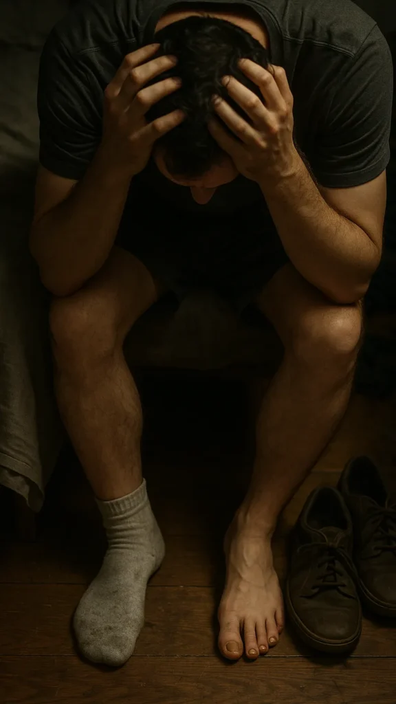 "Distressed man experiencing emotional stress and embarrassment due to severe nail fungal infection, highlighting the importance of early treatment with AppaNail.