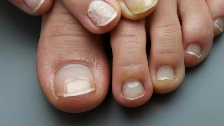 Close-up of unhealthy, fungal-affected nails, highlighting AppaNail's ability to restore clear and strong nail health.