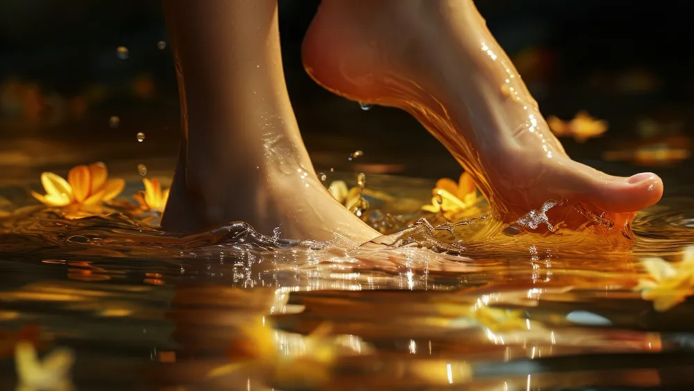 Feet gently stepping into calming water, symbolizing AppaNail's Fungal Deep-Cleanse System™, delivering deep and natural antifungal relief.